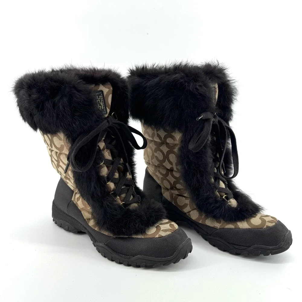 COACH Jennie Vintage Boots Women 10 Khaki Brown Logo Faux Fur Winter Snow Luxury